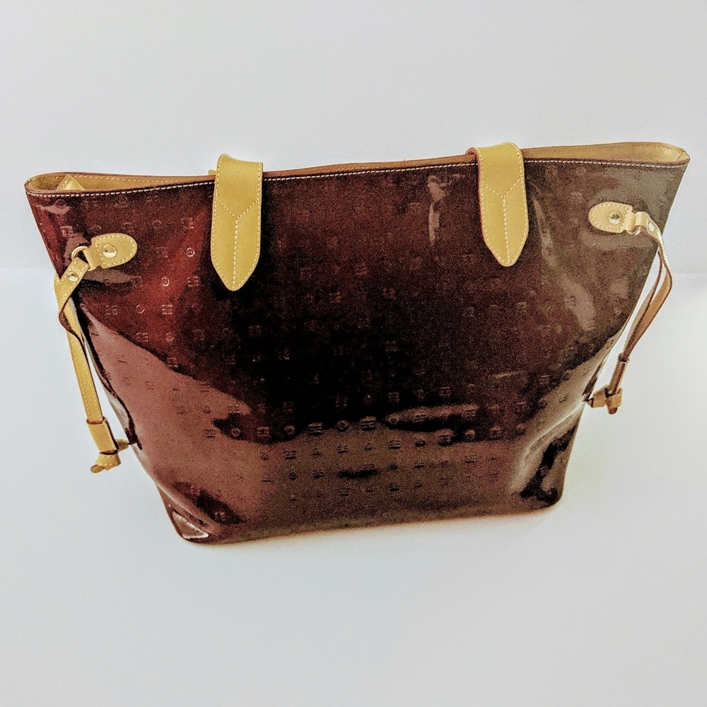 Arcadia Red Patent Leather Monogram Zip Tote Bag